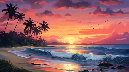 Tranquil beach at sunset with waves painted in oils_Generative AI