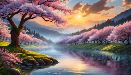 Paysage de nature avec cerisier en fleur, rivière et coucher de soleil, de la brume et quelques nuages - obrazy, fototapety, plakaty