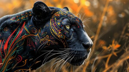 Majestic Black Panther With Vibrant Body Art Prowling in a Golden Autumn Forest at Dusk