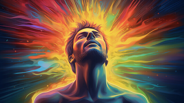 Energetic Aura Art Concept with vibrante colors. Representing a man with energetic waves emanating from his body.	
