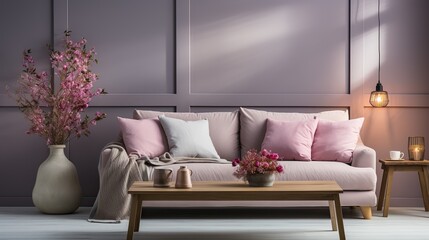 Fototapeta na wymiar Closeup of Plush Gray Sofa Backrest, A Luxurious and Cozy Furniture Detail