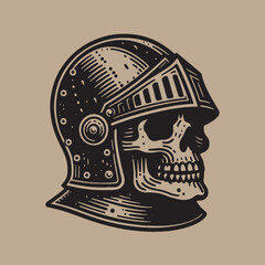 Skull in a medieval royal helmet. Engraving vector illustration. Icon, logo, emblem. isolated object