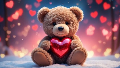 Cuddly Love, Portrait of Teddy Bear Holding Valentine's Red Heart