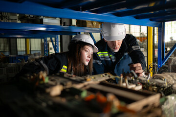 Fototapeta na wymiar A young female engineer and a male supervisor work together in robotic arm spare parts warehouse, Robotic arm industry and engineering concept.