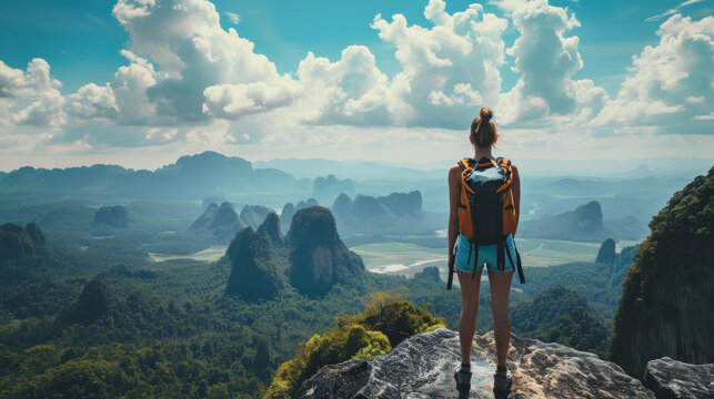 Perched atop a rugged rock, a woman gazes out at the sprawling valley below, her hair blowing in the wind as she takes in the majestic sky and breathtaking landscape during her adventurous hike throu