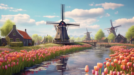 Landscape with tulips in Zaanse Schans, Netherlands, Europe, Generative AI.