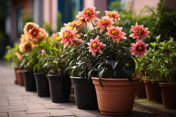 Fototapeta na wymiar Dahlia In A Flower Pot In The Front Yard Of The House