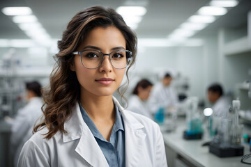 Beautiful young woman scientist wearing white coat and glasses in modern Medical Science Laboratory with Team of Specialists on background.