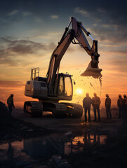 Silhouette of engineer and construction team working safely height building at sunset pastel with Light fair
