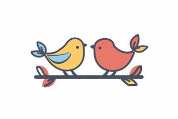 An endearing cartoon illustration of two birds perched on a branch, captured in a whimsical and playful clipart style