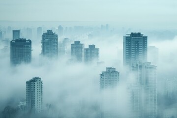 A metropolis enveloped in a thick haze, its towering skyscrapers disappearing into the mist, creating a mysterious and ethereal cityscape