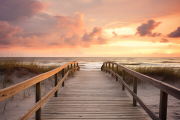 Coastal boardwalk path to a colorful sunset horizon