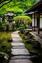 Poster de jardin 3D Tranquil Japanese Zen garden with stone path and moss  © Photocreo Bednarek