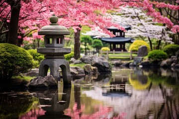 Springtime Japanese garden with cherry blossoms and stone lantern
