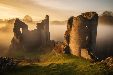 Misty morning light casting over ancient castle ruins