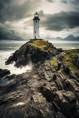Lighthouse on cliff overlooking turbulent sea waves