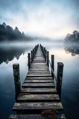 Long wooden pier stretching into misty lake at sunrise