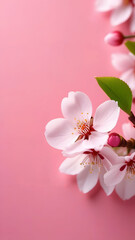Cherry tree branch with beautiful pink flowers on a bright pink background, flat lay. Space for text. Vertical.