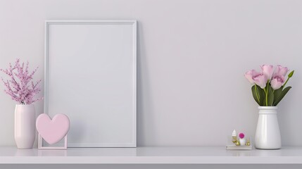 In a Valentine-themed interior, a white frame leans on a white shelf with an empty wall as the background