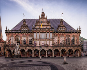 Fototapeta na wymiar Medieval City Hall of Bremen, Germany, at the sunrise