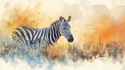 Fototapeta na wymiar zebra walks on the savannah in Africa, watercolor style, book cover