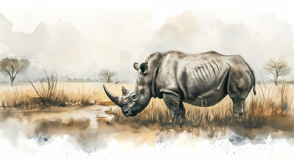 Fototapeta premium an ungulate walks on the savannah, profile view, watercolor style, book cover