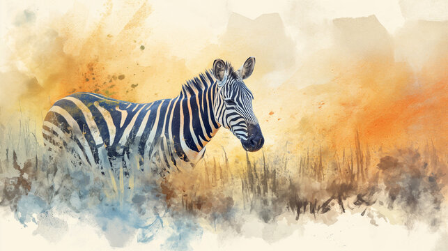 zebra walks on the savannah in Africa, watercolor style, book cover