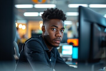 A focused man wearing headphones sits at his computer, his human face illuminated by the screenshot on the screen, engrossed in his indoor work