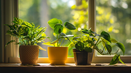 Three pots of plants are arranged in the living room, bathed in a bright gaze.  generative AI