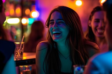 A vibrant woman radiates joy as she shares a lighthearted moment with friends at a bustling nightclub, her beaming smile and stylish clothing adding to the lively atmosphere