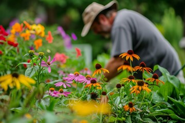 A gardener donning a stylish hat carefully tends to a vibrant coneflower in his outdoor sanctuary, showcasing his passion for annual plants and creating a tranquil atmosphere in his beloved garden