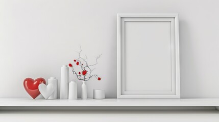 White frame rests against a white shelf in a Valentine-themed interior against an empty wall backdrop