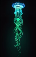 Artistic Beautiful Neon Jellyfish in Deep Dark Ocean Background