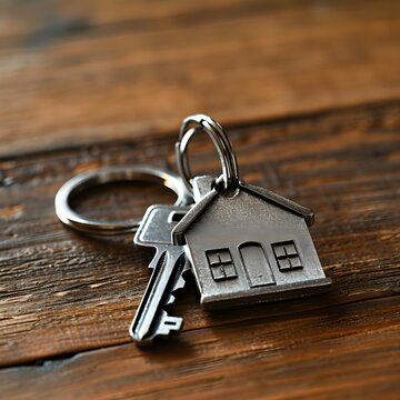 key on a door, a house keychain with a house shaped key on it sitting on a wooden table with a keychain
