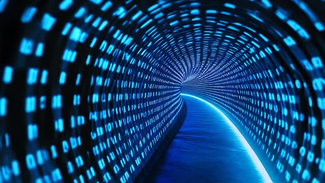A stream of bits and bytes flowing through a blue tunnel, expressing the concept of information technology and digital communication
