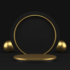 Luxury elegant 3d podium cylinder pedestal with golden ring wall black display realistic background