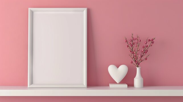 White frame leaning on white shelf in Valentine interior room on pastel color wall background