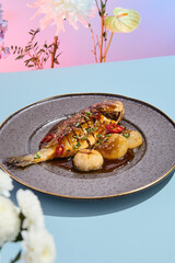 Grilled dorado with mushrooms on a modern ceramic plate, vibrant pink and blue background, ideal for culinary magazines