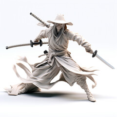 Samurai with straw hat and katana sword, combat action pose, made of clay, completely white. 3D rendering concept design illustration.