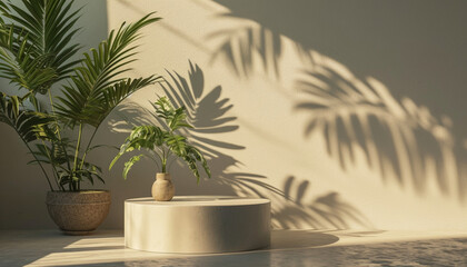 Podium for display product, nature style. Empty podiums mockup background for cosmetic product branding, identity and packaging. Generative AI.