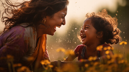 An enchanting image depicting the happiness of an Indian mother having fun with her daughter outdoors. The photograph centers on the mother's face, highlighting joyful moments. - obrazy, fototapety, plakaty