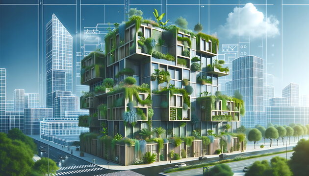 a scene of green, ecologically sustainable buildings covered in plants, creating a modern background. blueprint of green, ecologically sustainable buildings covered in plants.