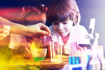 Background with highlights of children of scientists. A boy and a girl are experimenting in the laboratory.