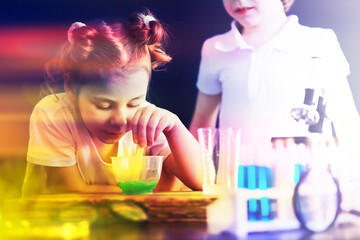 Background with highlights of children of scientists. A boy and a girl are experimenting in the...