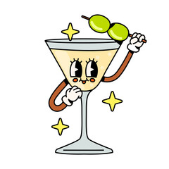 Cheerful cocktail character with olives on a skewer. Cartoon groovy style.
