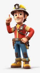 Fireman, full body, in fireman's uniform, ready to save the city from fires, white background. 3D rendering concept design illustration.