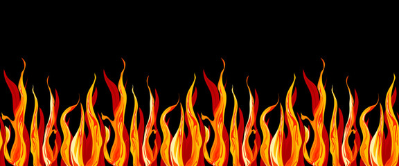 Fire flames horizontal seamless pattern on black background. Tongues of fire hand drawing design - 716798324