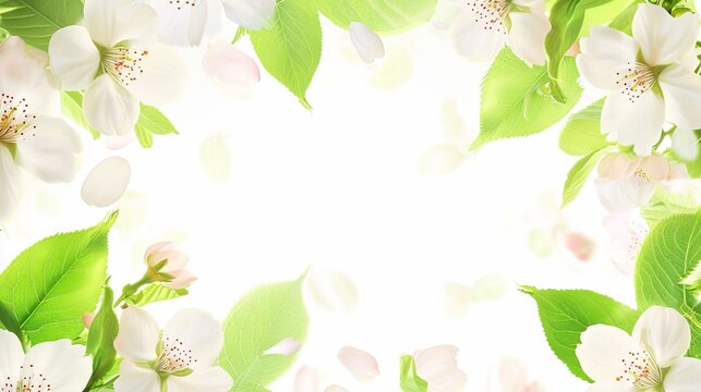 a frame background of spring flowers and leaves, blossoming sakura petals with copy space in center of image, greeting card template