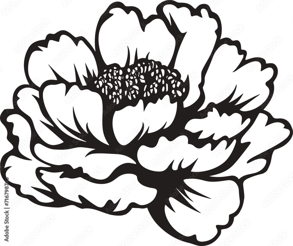 Wall mural Flower icon. Peony flower with leaves. Peonies hand drawn vector art. Black silhouette of peony flower.