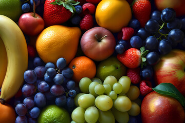 Fresh and healthy assortment of fruits including apples, oranges, grapes, pineapple, banana, strawberry, and pear, isolated on a white background